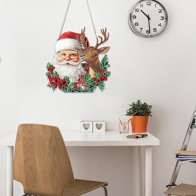 Miwixy Christmas Hanging Diamond Art Kits for Adults, Santa Claus Xmas Deer Special Shaped Diamond Painting Ornament Kit DIY Double-Sided Pattern Window Pendant Gem Art Kit Home Wall Decor