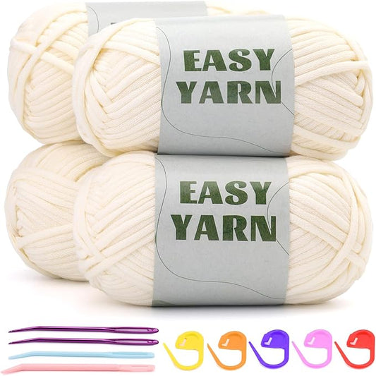 UzecPk 4x50g (7.1Oz) Yarn for Crocheting, 4x87Yds Crochet Yarn, Cotton Beginner Yarns with Easy-to-See Stitches, Blend Crochet Kit Making Milky White