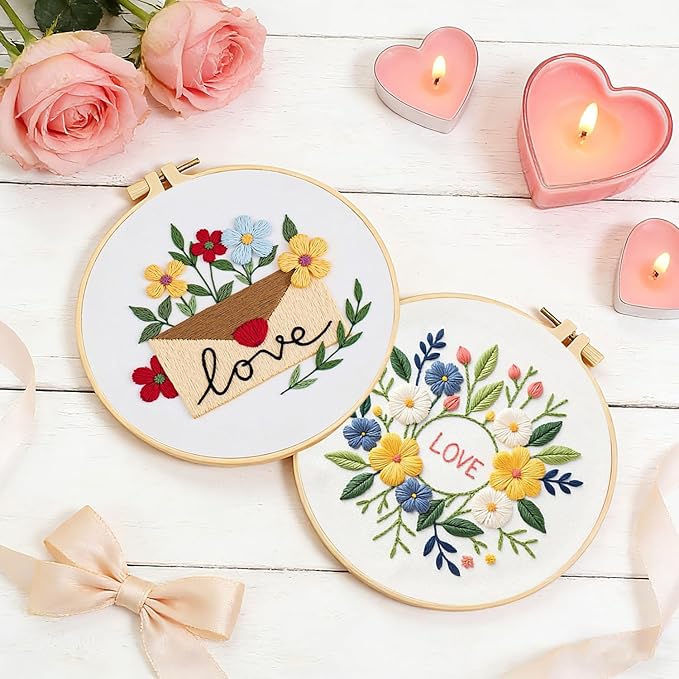 tpzbwg valentines embroidery kit, diy embroidery starter kit for adults & beginners, diy needlepoint kit with embroidery hoop thread needle for craft lover birthday gifts (valentines-4 set)