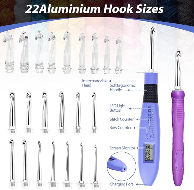 Counting Crochet Hook Set Digital, Crochet Kit with 22 Different Size Interchangeable Crochet Needle, Light Up Crochet Hooks for Stitch & Row Counter, Ergonomic Crochet Hooks with 2 Levels Led