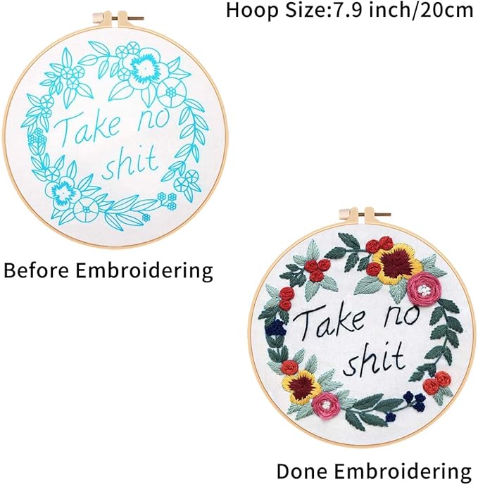 Louise Maelys Embroidery Starter Kit with 3 Hoops for Adults Funny Floral Wreath Pattern for Beginners Needlepoint Kits