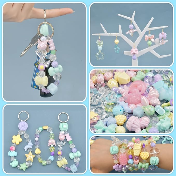 ABONDEVER 245-300Pcs Assorted Acrylic Beads for Bracelets Making Cute Star Bow Flower Candy Heart Gummy Bear Butterfly Aesthetic Beads for DIY Jewelry Crafts Keychain Necklace Phone Charms(5 Colors-A)