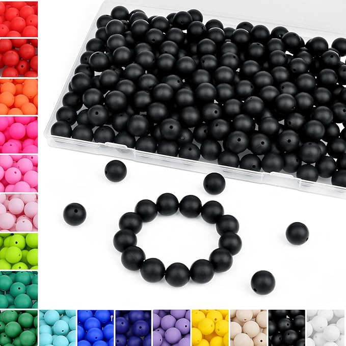 MAIBAOTA 120 Pcs Black Silicone Beads 15 mm Bulk for Keychain/Pens/Bracelet/Necklace Making Rubber Round Beads for Craft Making (with Boxed Kits)