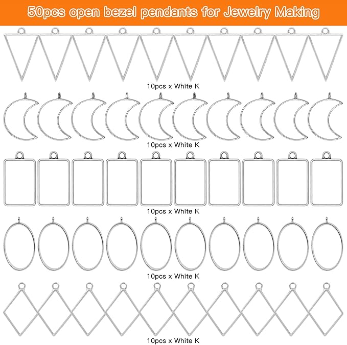 Oubaka 50pcs Open Bezel Pendants 5 Styles Open Back Bezel Pendant Open Frame Pendant Resin Craft Bezels for Resin Casting,Necklace,Earrings,Pressed Flower,DIY Crafts(White K)