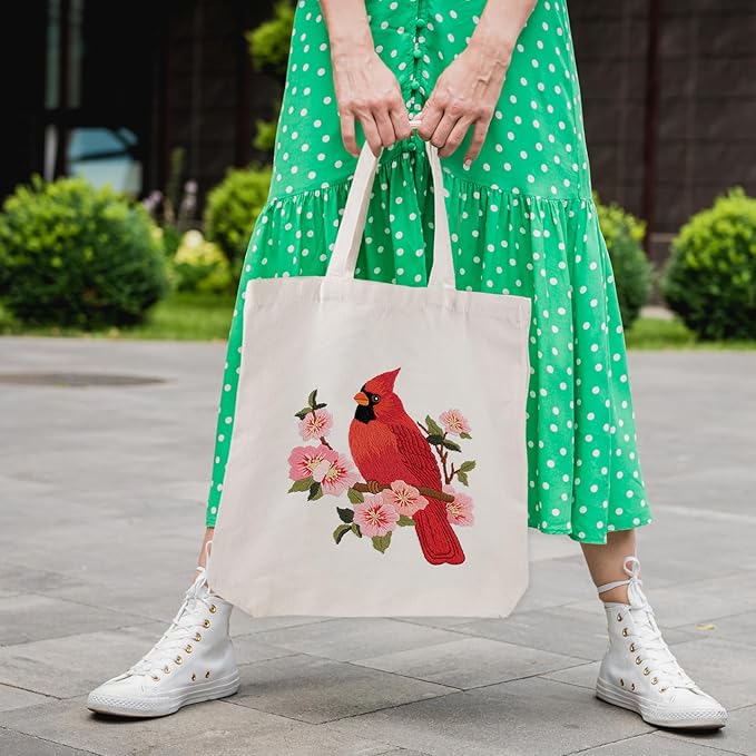 louise maelys canvas tote bag embroidery kit for beginners,cross stitch kits for adults,diy needlepoint include cardinal pattern,women shopping reusable grocery bags