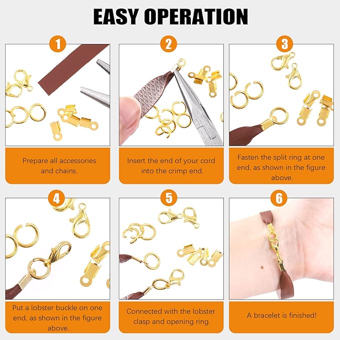 Rustark 1521Pcs Fold Over Cord End Jewelry Findings Kit with Open Jump Rings Lobster Claw Clasps Pliers Tool Assortment for DIY Jewelry Making