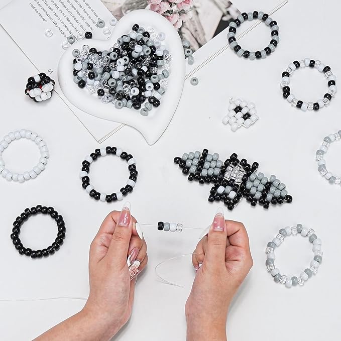 1000PCS 6x9mm Pony Beads Bulk – Black, Gray, White Kandi Beads for Bracelets, Hair Braids, Jewelry Making, Crafts – Large Hole Plastic Bead for DIY Kits