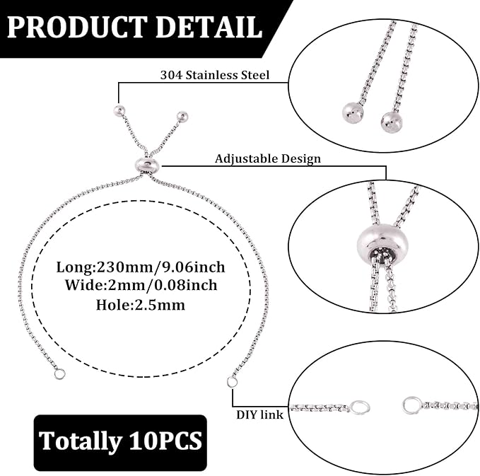FASHEWELRY 10Pcs Stainless Steel 9" Slider Extender Box Chain Bracelet Adjustable with Ball End for Bracelet Jewelry Making
