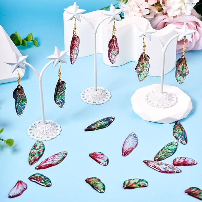 FASHEWELRY 28Pcs Resin Butterfly Wing Earring Charms Hot Pink Flower Print Insect Wing Pendants Feather Charms with Jump Rings Earrings Hooks for DIY Earring Jewelry Making