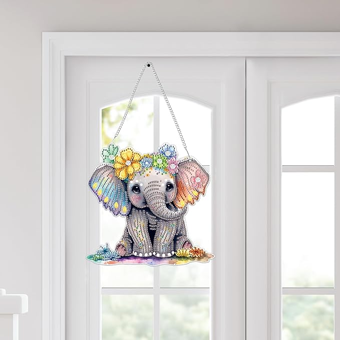 Bowetile Elephant Diamond Art Hanging Kits for Adults, 5D Special Shape Diamond Painting Pendant Kits, Animal Gem Art Suncatchers Painting Ornament for Home Garden Wall Decor