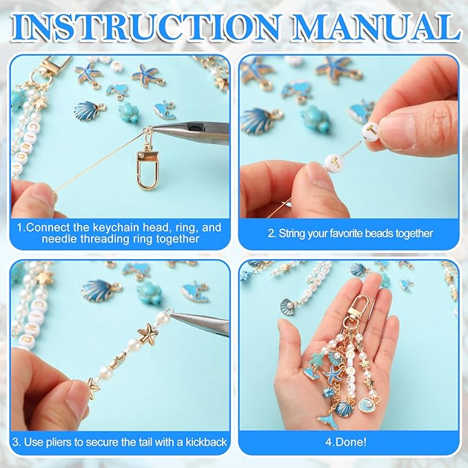 Cunno 776 Pcs Seashell Keychain Making Kit Ocean Beach DIY Craft Key Chain with Keychain Clip and Tool Accessories for Summer Backpacks Purse Tote Bag Crafts DIY Supplies (Fresh Style,Blue Gold)
