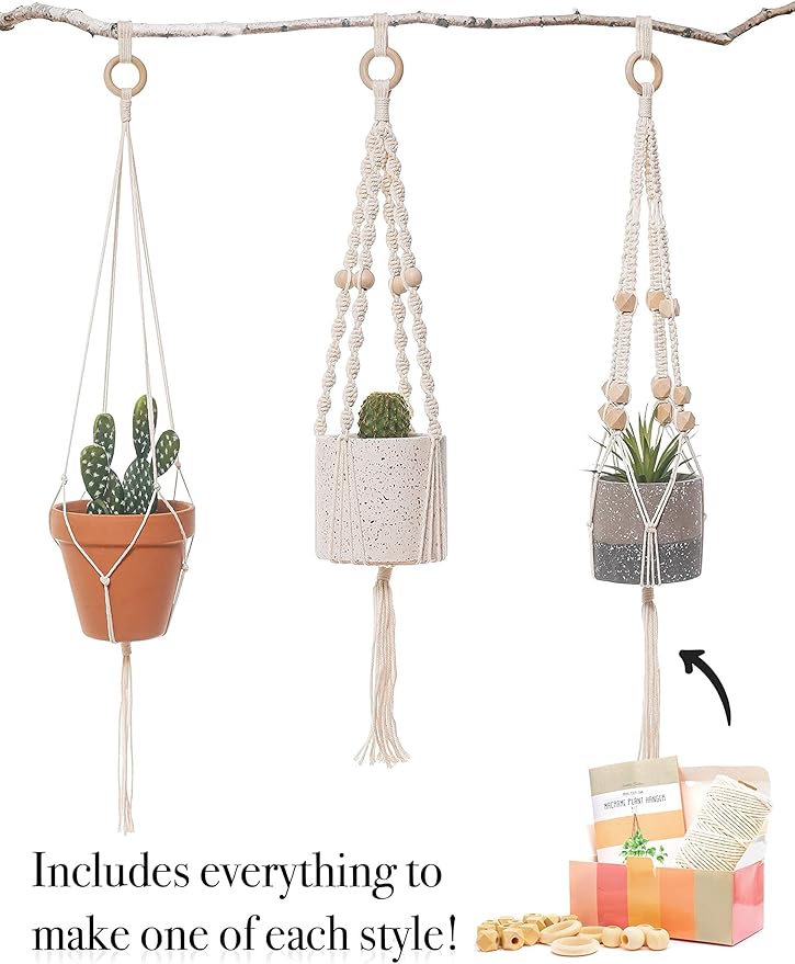 macrame kit - makes 3 macrame plant hangers with easy to follow instructions for adult beginners - includes 109 yards 3mm cotton macrame cord, natural wooden beads & custom instruction booklet
