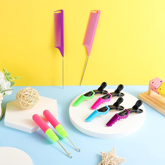 8 Pcs Hair Crochet Hooks Set with Accessories Include 2 Plastic Crochet Needle Hooks 4 Alligator Hair Clip and 2 Rat Tail Comb Tool Kits for Braiding, Extension