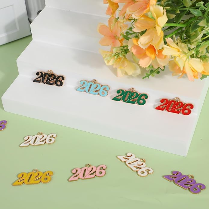 2026 Charms, 8 Colors Zinc Alloy 2026 Year Charms for Crafts New Year Graduation Tassel for Craft DIY Jewelry Making Party Decoration