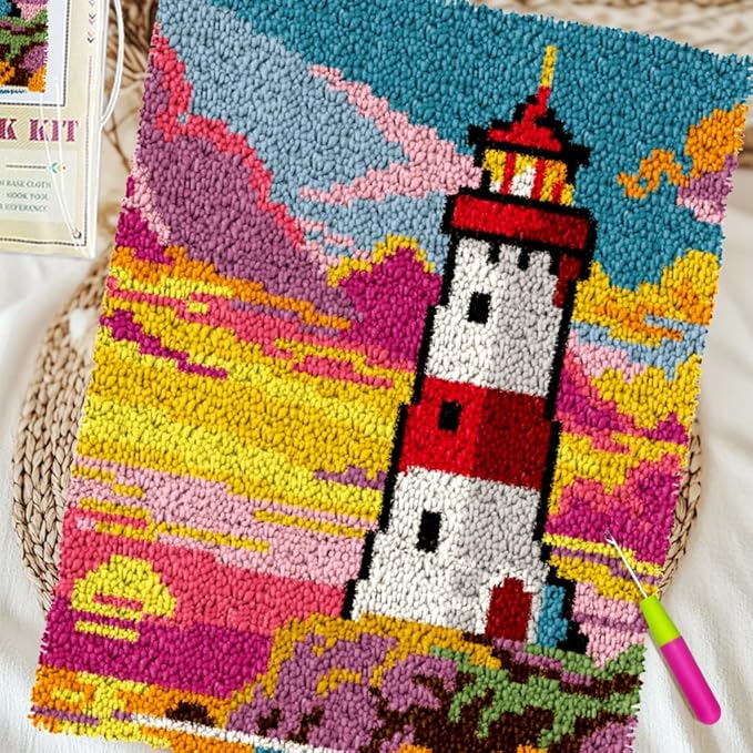 ORIGACH Lighthouse Latch Hook Rug Kit for Adults Printed Rug Making Kit Handmade Carpet Tapestry Cover with Hook Latch and Preprinted Canvas, Home Arts Crafts Sofa Decor, 20.5x15inch