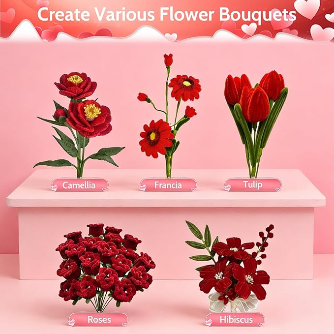 beanicus 600 PCS Valentine's Day Pipe Cleaners Craft, Pipe Cleaners Flowers Kit, Rose Flowers DIY Chenille Stems, Green and Red Pipe Cleaners, Valentines Day Rose Kit, Vday Decoration