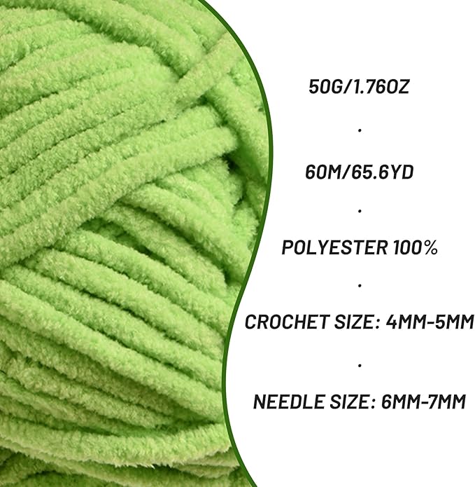 Plush Chenille Chunky Crochet Yarn - Baby Yarn for Crocheting Soft - Velvet Yarns Knitting for Blankets Crafts - Fluffy Amigurumi Yarns 50g / 65.6yd (Grass Green)
