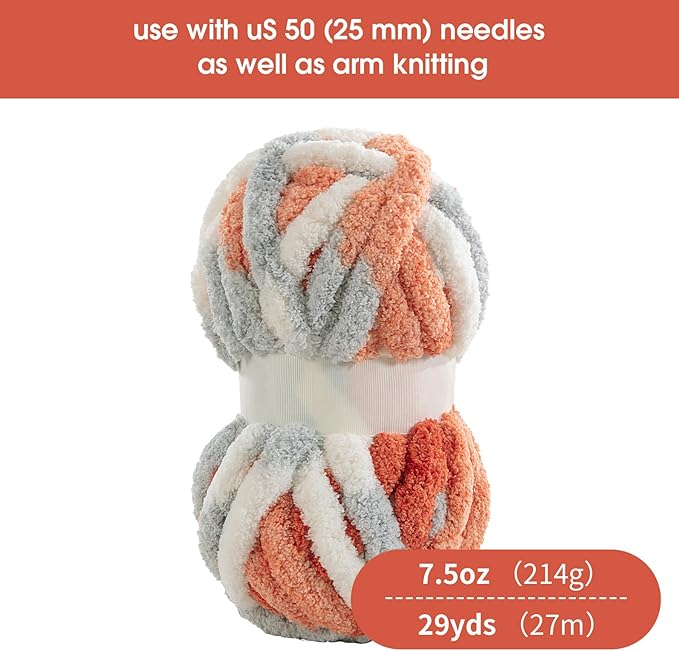 HOMBYS Chunky Tie Dye Mix Chenille Yarn for Hand Knitting, Super Bulky Jumbo Yarn for Crocheting, 3/4" Thick Soft Plush Yarn for Blankets, 8 Skein Pack (26 yds / 7.5 oz Each) Orange Grey White