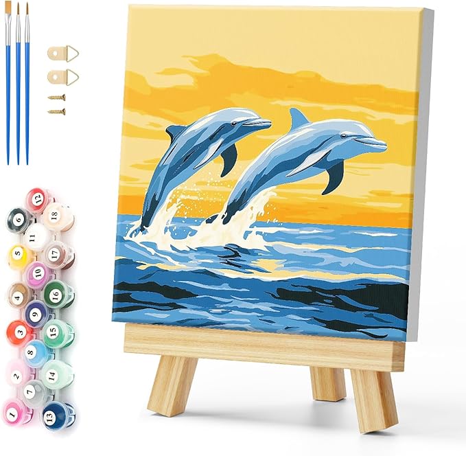 Natuyalo Framed Paint by Numbers Kit for Adults, Dolphin Easy Acrylic Paint by Numbers on Canvas with Paints and Brushes, Animals Arts Crafts Kits for Home Wall Decor (12x12 Inch)