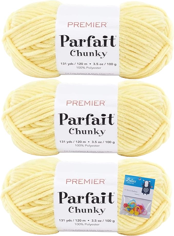 Premier Yarns Parfait Chunky Chenille 3.5 Oz 6 Super Bulky Weight 3 Pack Bundle with Bella's Stitch Place Holders (Sunshine)