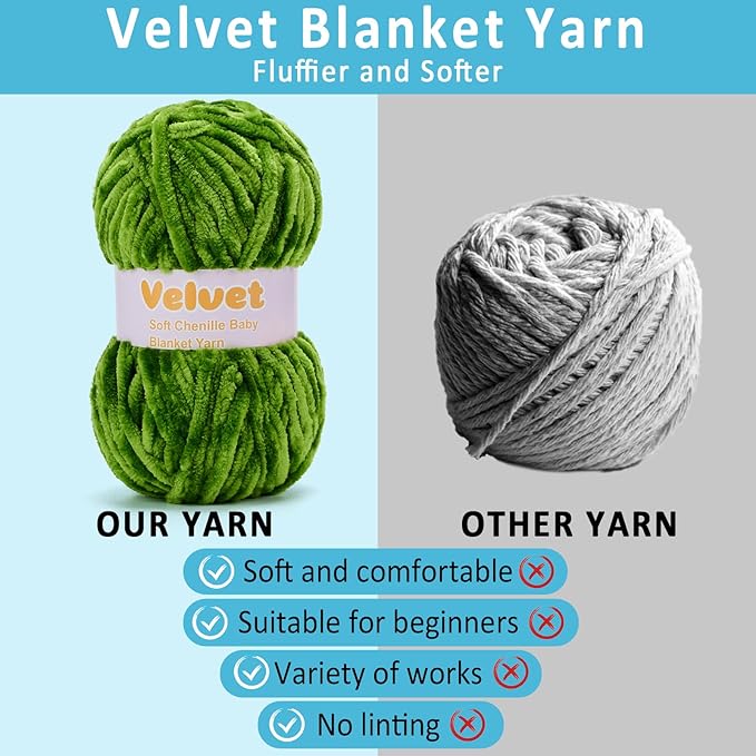Velvet Yarn Chenille Yarn for Crocheting and Knitting Soft Chenille Bulky Baby Blanket Yarn DIY Weaving Craft 2pack Light Green(4oz 66yds Each)