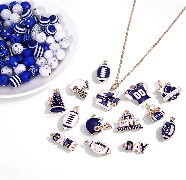 2200PCS+ Game Day Beads Charms for Bracelet Making Polymer Clay Beads Crystal Pearl Letter Gold Spacer Beads Football Charms for Game Day Bracelet Necklace Making DIY Crafts