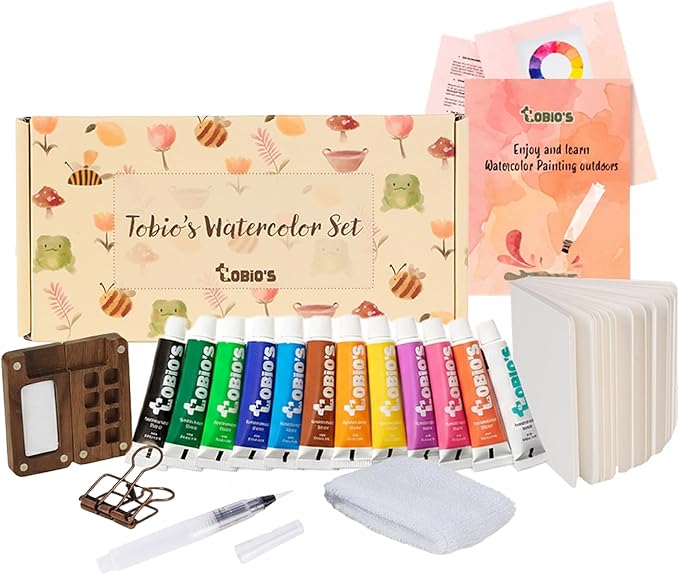 Original Tobios Mini Wooden Watercolor Paint Set – Compact Travel Art Kit with 12 Colors, Refillable Brush & Sketchbook – Unique Creative Gift for Birthdays, Holidays & Art Lovers