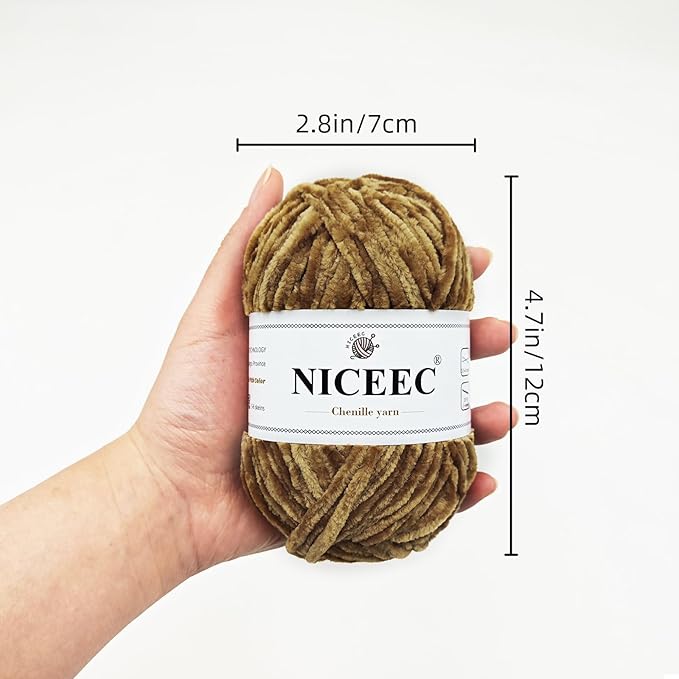 NICEEC 3 Skeins Soft Chenille Yarn Blanket Yarn for Knitting Fancy Yarn for Crochet Weaving DIY Craft Total Length 3×85m (3×93yds, 3×50g)_Brown Series