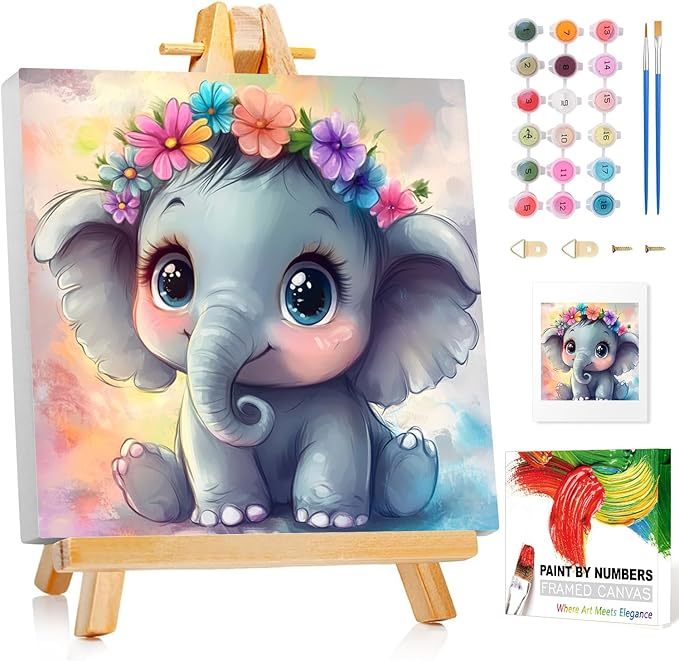 Reivworl Paint by Numbers Kit for Kids with Frame and Easel, Elephant Paint by Number for Kids Age 6-8-12, Acrylic Paint by Numbers for Gifts and Home Decor (8X8inch)