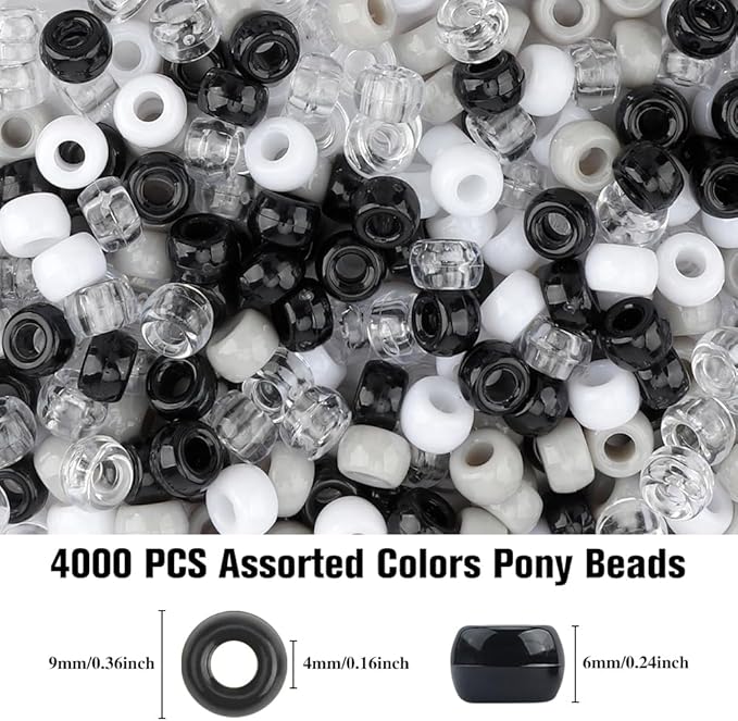 pony beads 4000 pcs,beads for bracelets,hair beads,beads for jewelry making,bracelet beads,plastic beads for crafts,beads for kids,hair beads for braids for girls(black, white and gray color)