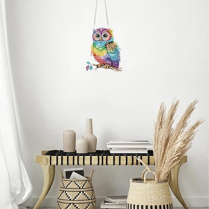 TDFERAN Diamond Painting Pendant DIY Colorful Owl Diamond Art Hanging Artwork Decoration Kit Garden Window Handmade Hanging Ornaments, Adult Painting Craft Gem Pendant Wall Home Decor