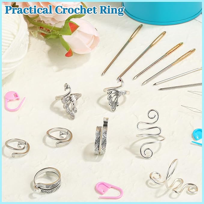 8 Pcs Crochet Ring, Adjustable Crochet Ring for Finger, Tension Rings Cat Yarn Guide Yarn Knitting Thimble, Faster Knitting Crocheting Accessories for Mother Grandma