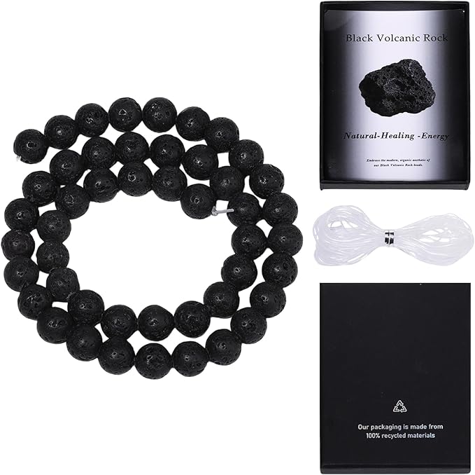 Song Xi 90pcs 4mm Natural Black Volcanic Rock Stone Beads for Jewelry Making, Gemstones Beads Bracelet for Necklace Earring Keychain, with Jewelry Box and Elastic for Christmas Wedding Birthday Gift