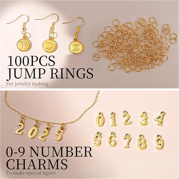 LEOBRO Letter Charms, 376 Pcs Gold Charms for Jewelry Making, Bracelet Necklace Charm & Jump Rings, Jewelry Making Supplies, Gold