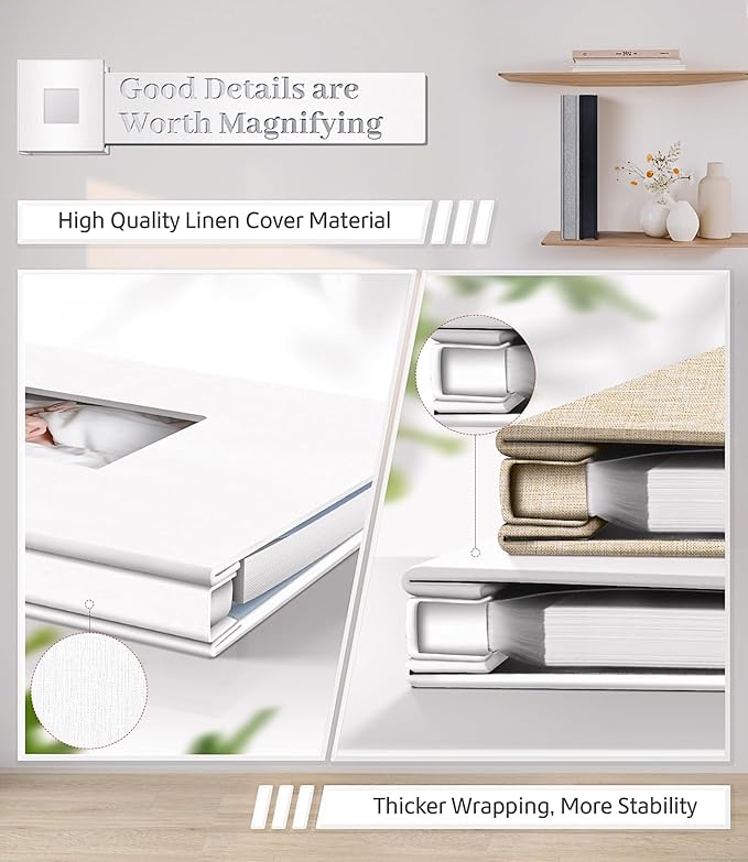 Photo Album Self Adhesive Scrapbook Album for 3x5 4x6 5x7 8x10 Pictures,60 Pages Linen Cover with Display Window DIY Photo Book,Ideal Gifts for Family Travel Wedding Baby