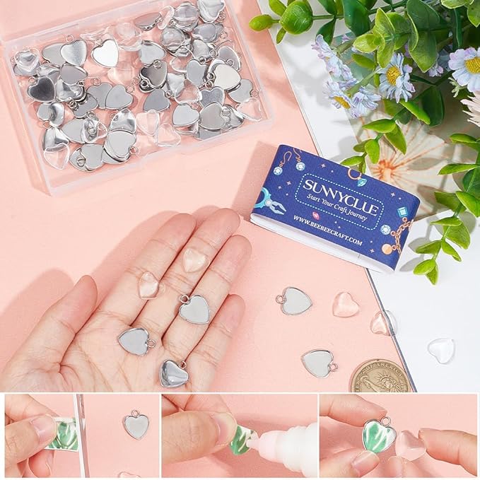 SUNNYCLUE 1 Box 120Pcs Blank Bezel Trays Photo Charm Stainless Steel Bezel Blanks Memorial Photo Pendant Heart Pendant Tray Cabochon Settings for Bouquet Wedding Graduation Decor