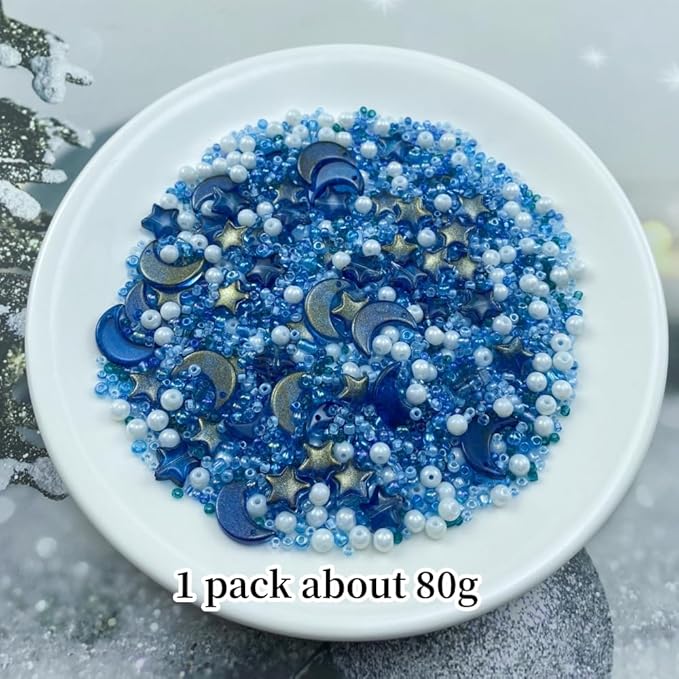 Assorted Glass Beads for Jewelry Making Multi Size Colors Glass Star Moon Seed Pearl Spacer Beads for Bracelets Necklace Earring Making(White Ink Blue)