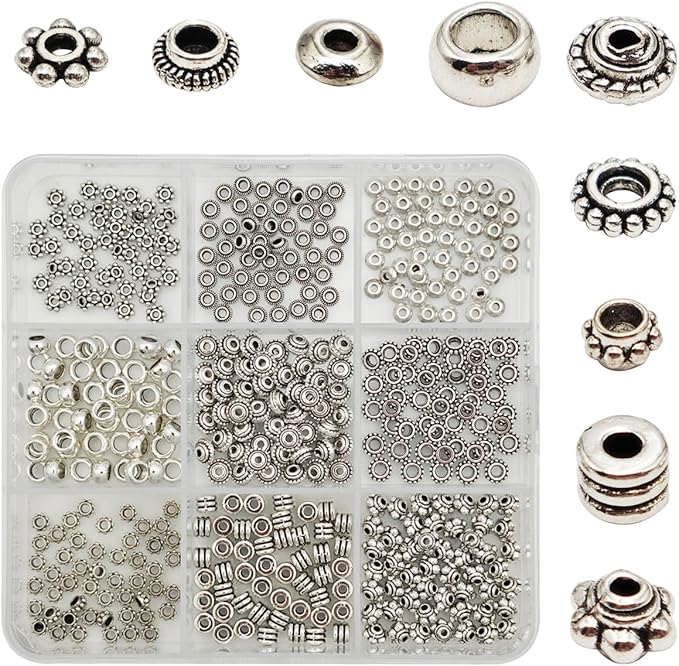 INSPIRELLE 450 Pieces Antique Silver Spacer Beads 4~5mm Metal Alloy Heishi Flat Rondelle Loose Beads for Bracelet Necklace Earring Jewelry Making