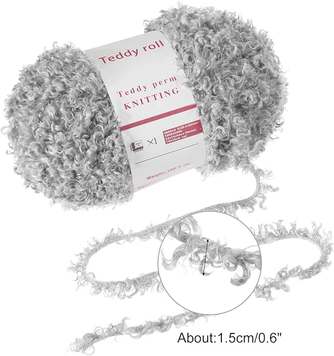 MECCANIXITY Fur Yarn Soft Fluffy Chunky Yarn Fuzzy Eyelash Yarn Light Gray for Crocheting Knit Clothes Bag - 55Yard/50m, 3.42ozx1