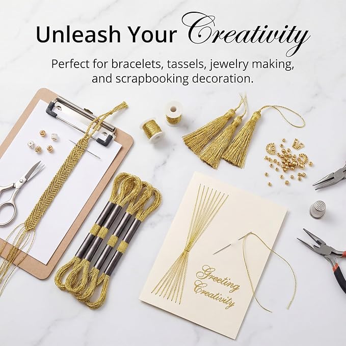 6 Skeins Embroidery Threads Metallic Light Gold Embroidery Floss Friendship Bracelet Cross Stitch Thread for Sewing Polyester Cross Stitch Threads for Hand String Art （8 m 12 Strands）