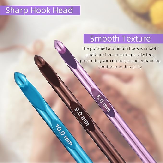 AIYUNDI Tunisian Crochet Hooks Set with Cable, 6-Inch Aluminum Interchangeable Crochet Hooks 3mm-10mm, Long Crochet Hooks, Lightweight, Anti-Twist Swivel Cables, Ergonomic, Multicolor 26 PCS