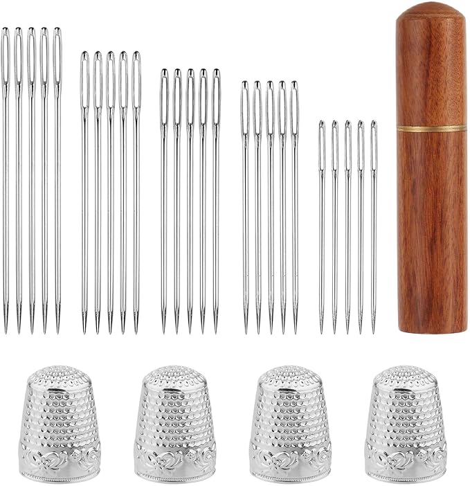 30pcs Large Eye Sewing Needles Kit, Stainless Steel Large Eye Embroidery Needles with Case and 4 Thimbles for Crochet Darning Yarn Knitting and Embroidery Projects