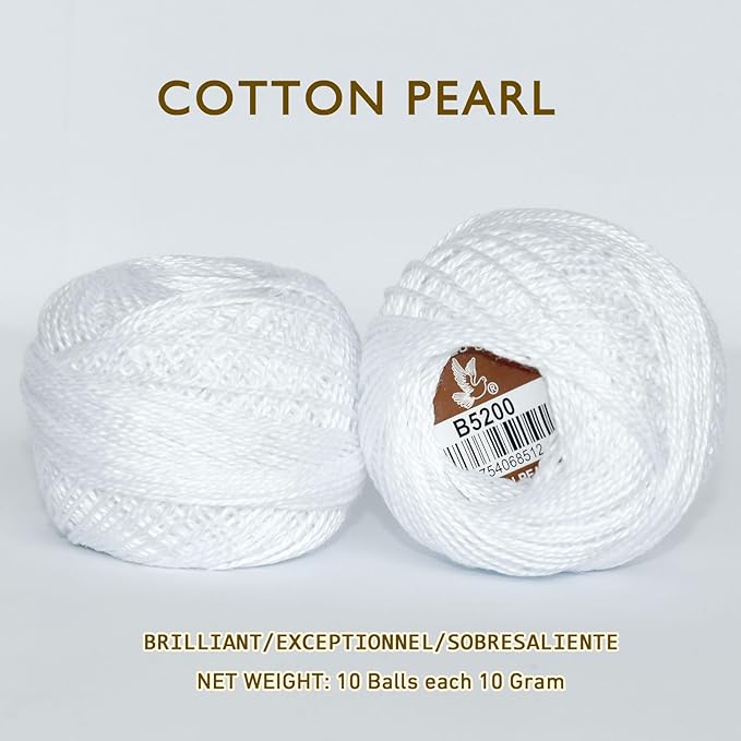 Double Mercerized Egyptian Long Staple Cotton Pearl Thread Ball 10 Grams Rainbow Color Embroidery Thread 10 Balls per Box for Crochet Hardanger Cross Stitch Hand Embroidery,White
