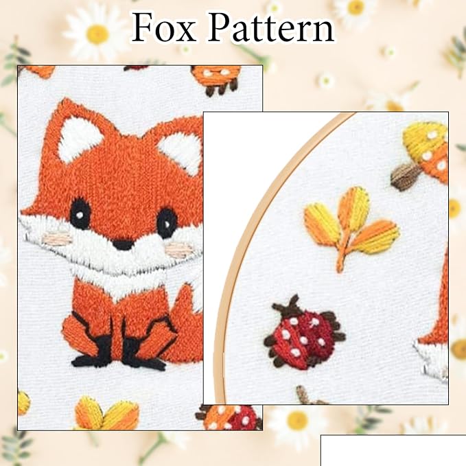 Louise Maelys Starter Embroidery Kits with Fox Pattern DIY Full Range Easy Needlepoint Cross Stitch Kits for Adults, Beginners with Stamped Animal Pattern