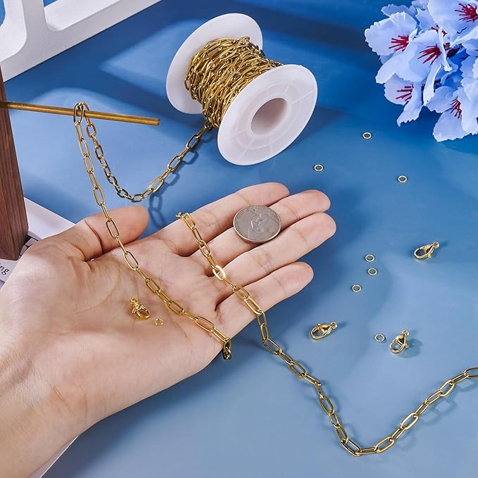 Pandahall 16.4 Ft 18K Gold Plated Paperclip Chains Stainless Steel Chains 9.7x4.2x1mm Gold Link Chains Kits with Lobster Clasps Jump Rings for DIY Bracelet Necklace Jewelry Making