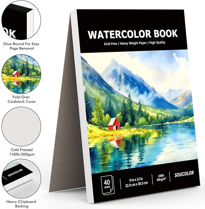 soucolor watercolor paper pad, 9"x12" water color paper, 140lb/300gsm 40 sheets artist painting drawing paper book, art supplies for adults, watercolor paint set, sketchbook, journal, notebook