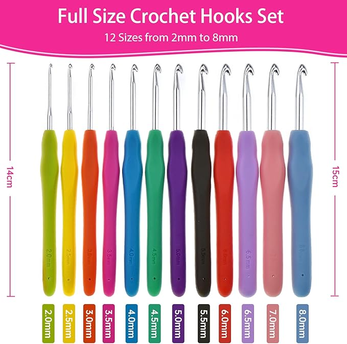 Crochet Hooks Set, RealPlus 12 PCS 2mm(B)-8mm(N) Ergonomic Crochet Hooks Set for Arthritic Hands, Ergonomic Soft Grip Handles, Crochet Kit for Beginners, Large Crochet Needle with Pink Case