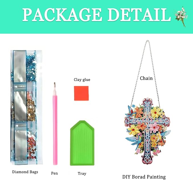 Auremi Cross Diamond Art Painting Pendant Kits with Chain 5D Flower Diamond Art Hanging Kit DIY Diamond Crystal Window Door Hanging Pendant Kit for Adults Gift Wall Decor