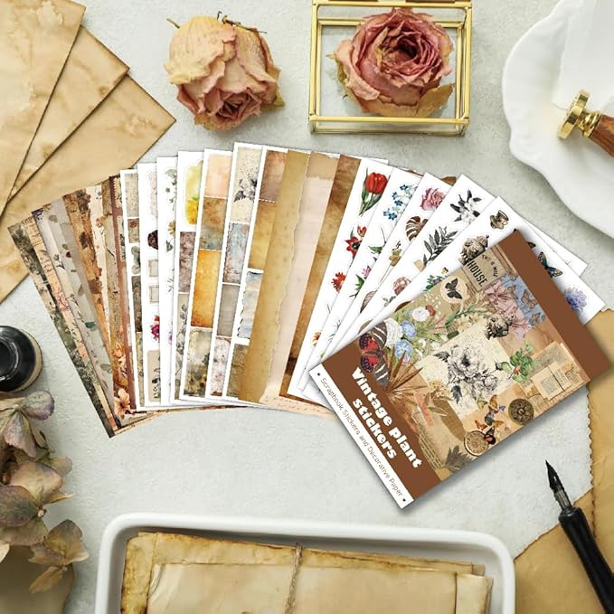 347Pcs Journaling Stickers and 20 Sheets Scrapbook Paper, Vintage Scrapbooking Kit, Plant Flower Butterfly Background Ephemera for Junk Journal Supplies, Planners, Bujo, Collage Art