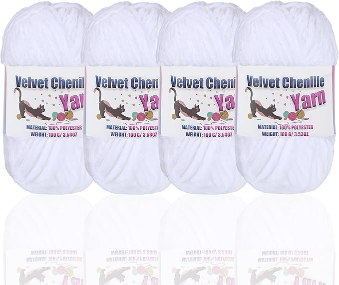4 * 100g Fluffy Velvet Chenille Yarn for Crocheting and Knitting, Handcrafts Weaving Soft Chenille Yarn for Crocheting Clearance, Used for Making Baby Yarn Blanket, Clothes, DIY Craft (White)